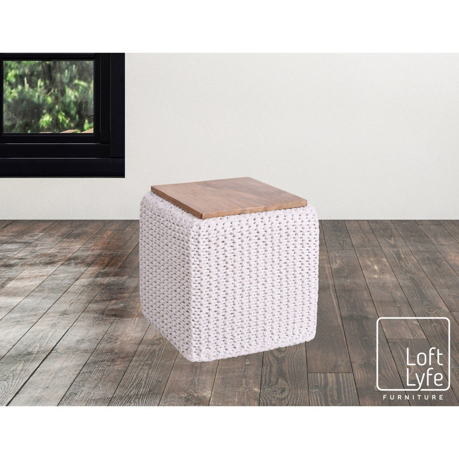 Homezia 16" White Cotton Blend Pouf Cube Ottoman 6 Homezia 16" White Cotton Blend Pouf Cube Ottoman - Image 4