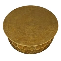 Jed 32 Inch Handcrafted Industrial Hammered Brass Round Coffee Table, Aluminum, Antique Brass-Benzara -Olsberg shop 96ba93f739304d53aeb375c2fe8f64ad