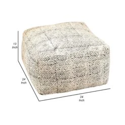 24 Inch Floor Pouf Ottoman, Ink Block Pattern, Fabric, Cream, Black-Benzara -Olsberg shop 9708762cf00347579e9585eba419a156