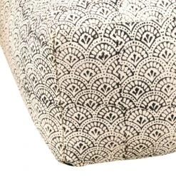 24 Inch Floor Pouf Ottoman, Ink Block Pattern, Fabric, Cream, Black-Benzara -Olsberg shop 971d3c0f5a9b4ac9bae6ca608700be65