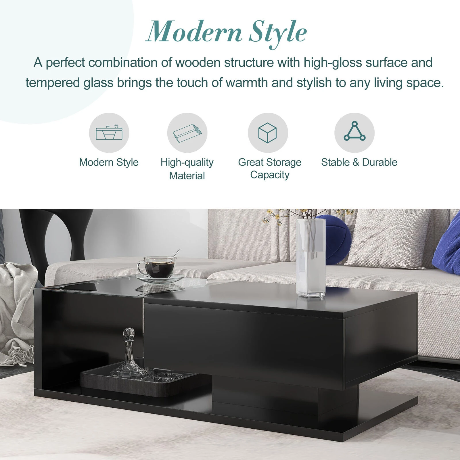 Modern Coffee Table With Tempered Glass, Wooden Cocktail Table, 2-Tier Rectangle Center Table For Living Room 4 Modern Coffee Table With Tempered Glass, Wooden Cocktail Table, 2-Tier Rectangle Center Table For Living Room - Image 2