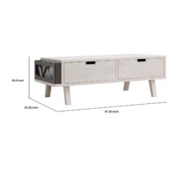 Bev 47 Inch Modern Coffee Table, 2 Drawers, 1 Side Compartment, White, Gray-Benzara -Olsberg shop 99814f409e2f401587ea7dbae446bb51