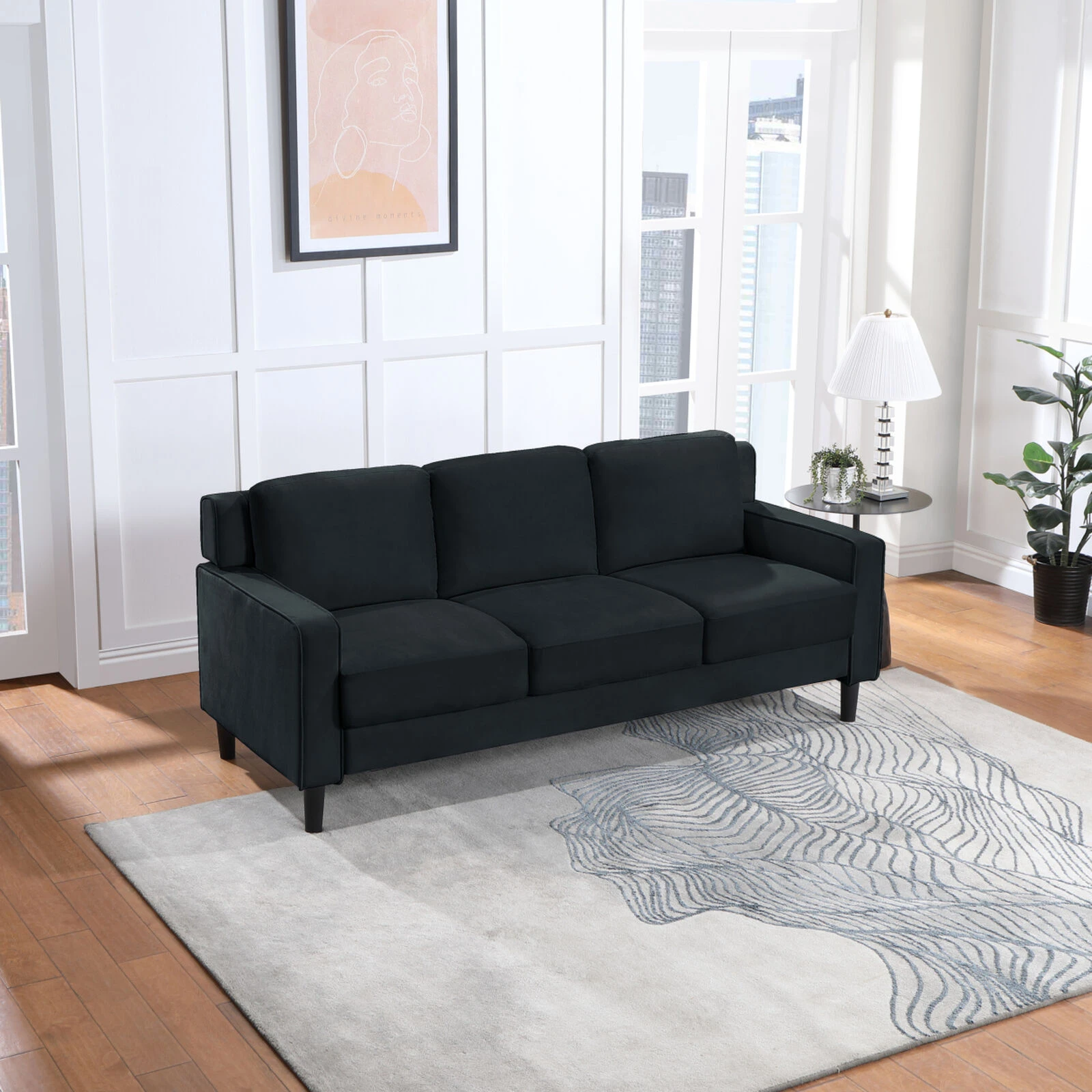 77.16" Sofa Couch For Living Room Black Velvet 6 77.16" Sofa Couch For Living Room Black Velvet - Image 4