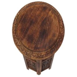 18 Inch Mango Wood Folding Accent Table, Hand Carved, Walnut Brown-Benzara 13 18 Inch Mango Wood Folding Accent Table, Hand Carved, Walnut Brown-Benzara -Olsberg shop 9c141bb08a624e3b93932ec4024b894c