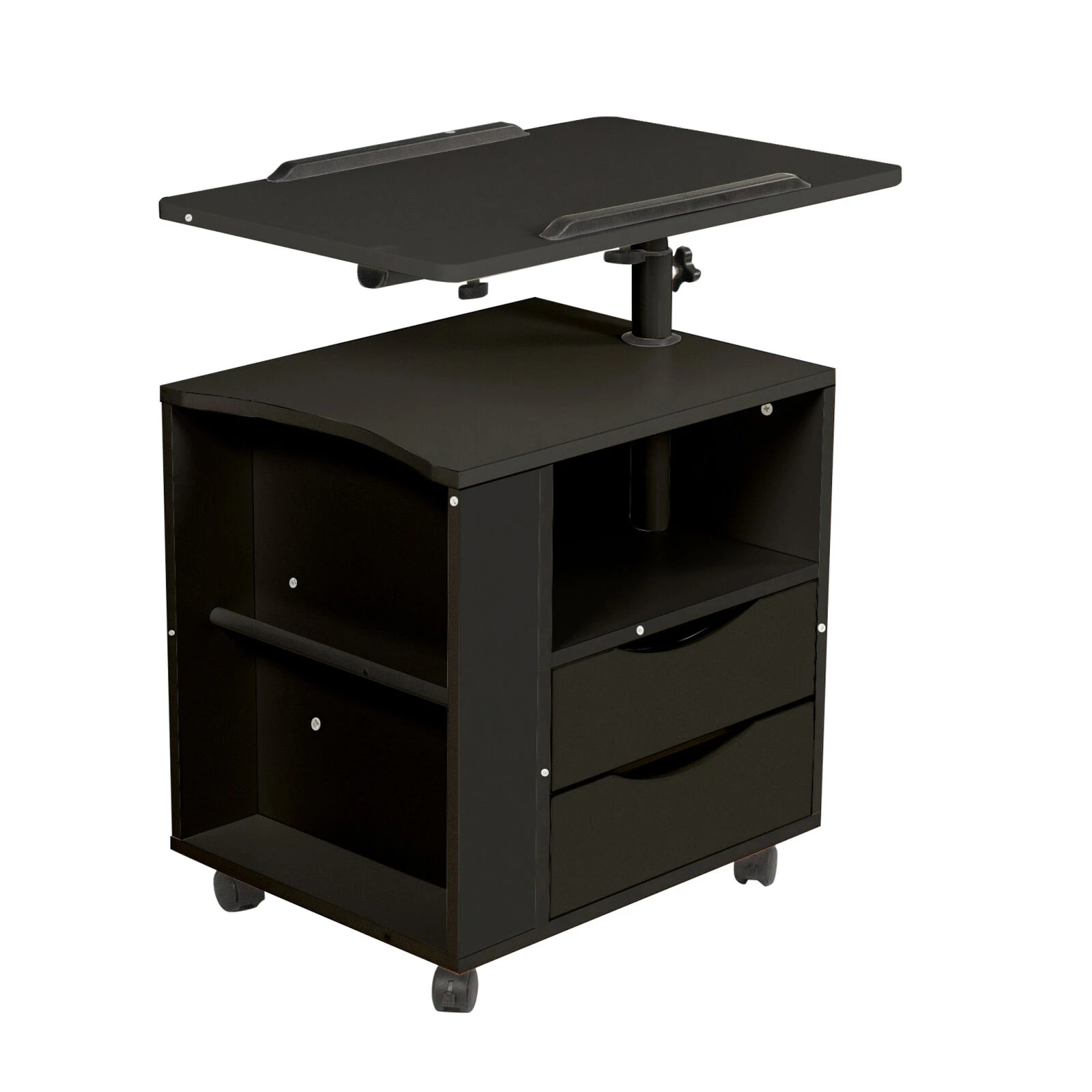 Height Adjustable Overbed End Table Wooden Nightstand With Swivel Top, Drawers, Wheels And Open Shelf, Black 3 Height Adjustable Overbed End Table Wooden Nightstand With Swivel Top, Drawers, Wheels And Open Shelf, Black