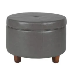 Leatherette Upholstered Wooden Ottoman With Single Button Tufted Lift Top Storage, Gray, Large-Benzara -Olsberg shop 9f1dc6e939a84c7890f9e0bc99fbb98c