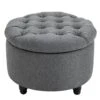 Round Linen-touch Fabric Storage Stool Ottoman Button Tufted Footrest With Removable Lid For Living Room, Entryway, Or Bedroom, Grey