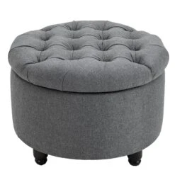 Round Linen-touch Fabric Storage Stool Ottoman Button Tufted Footrest With Removable Lid For Living Room, Entryway, Or Bedroom, Grey