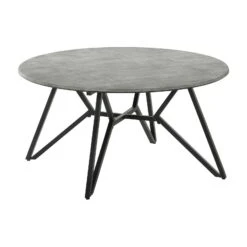 Dexi 36 Inch Coffee Table, Round Top, Geometric Metal Base, Cement Gray-Benzara
