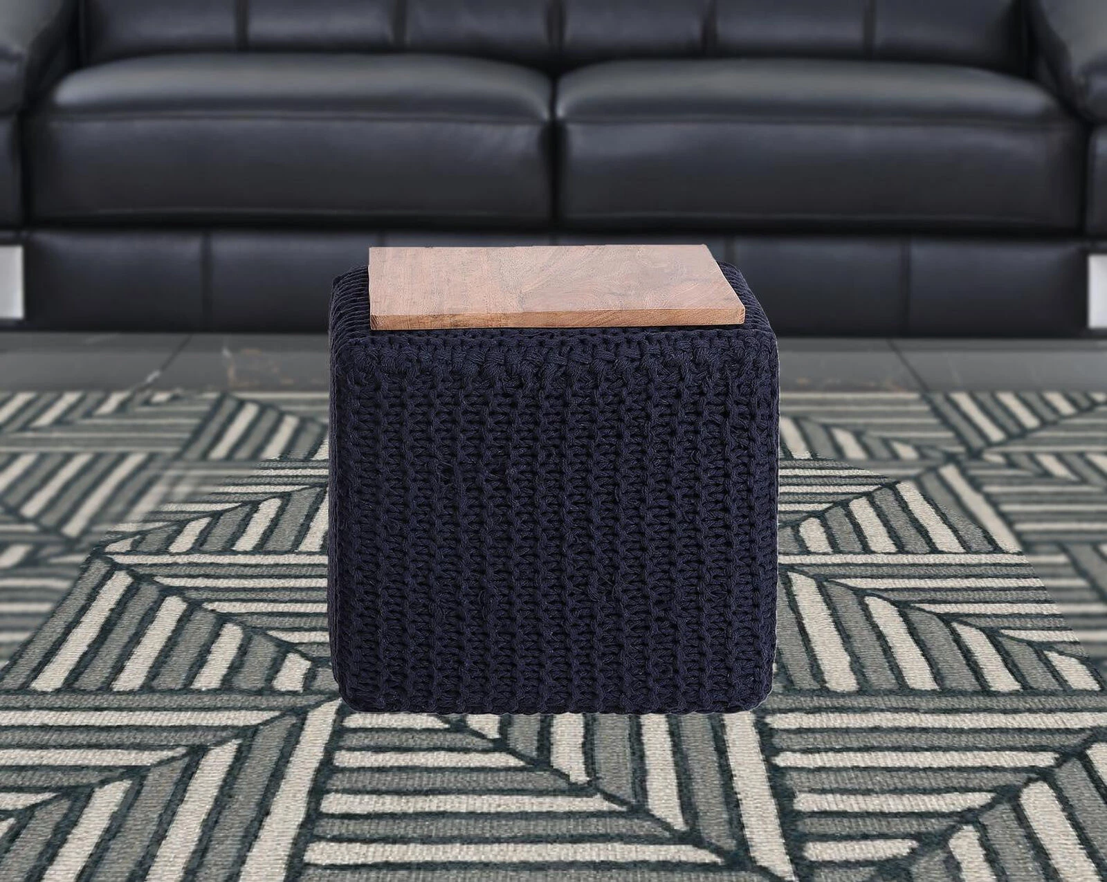 Homezia 16" Navy Cotton Blend Pouf Cube Ottoman 4 Homezia 16" Navy Cotton Blend Pouf Cube Ottoman - Image 2