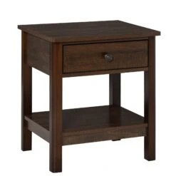 Bedside Night Stand With Drawer, Top And Bottom Shelf For Small Spaces, Dark Brown