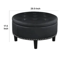 30 Inch Round Storage Ottoman, Black Vegan Faux Leather, Button Tufted-Benzara 11 30 Inch Round Storage Ottoman, Black Vegan Faux Leather, Button Tufted-Benzara -Olsberg shop a7320864bfd9424c92f7ba8dccc3772e