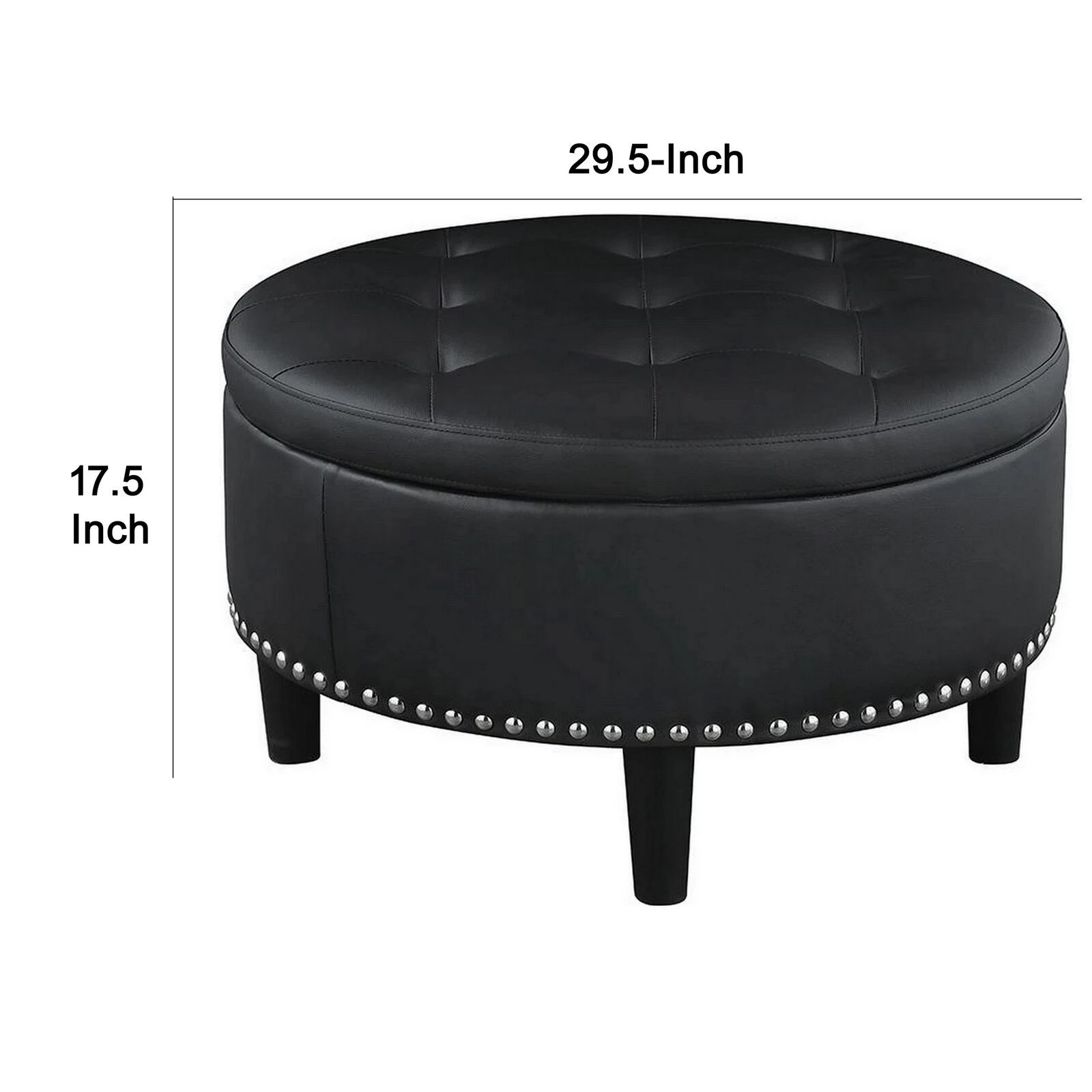 30 Inch Round Storage Ottoman, Black Vegan Faux Leather, Button Tufted-Benzara 7 30 Inch Round Storage Ottoman, Black Vegan Faux Leather, Button Tufted-Benzara - Image 5