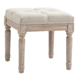 15.75" Vintage Ottoman, Tufted Foot Stool With Upholstered Seat, Rustic Wood Legs For Bedroom, Living Room, Beige