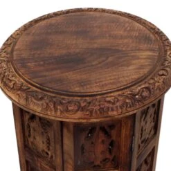 18 Inch Mango Wood Folding Accent Table, Hand Carved, Walnut Brown-Benzara 14 18 Inch Mango Wood Folding Accent Table, Hand Carved, Walnut Brown-Benzara -Olsberg shop a751b96f16de4bb496824acc7430087d