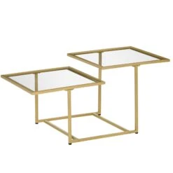 Gold Side Table Small Coffee Table Glass Coffee Table With Double Tabletops, Tempered Glass And Metal Framework For Living Room, Gold/Clear
