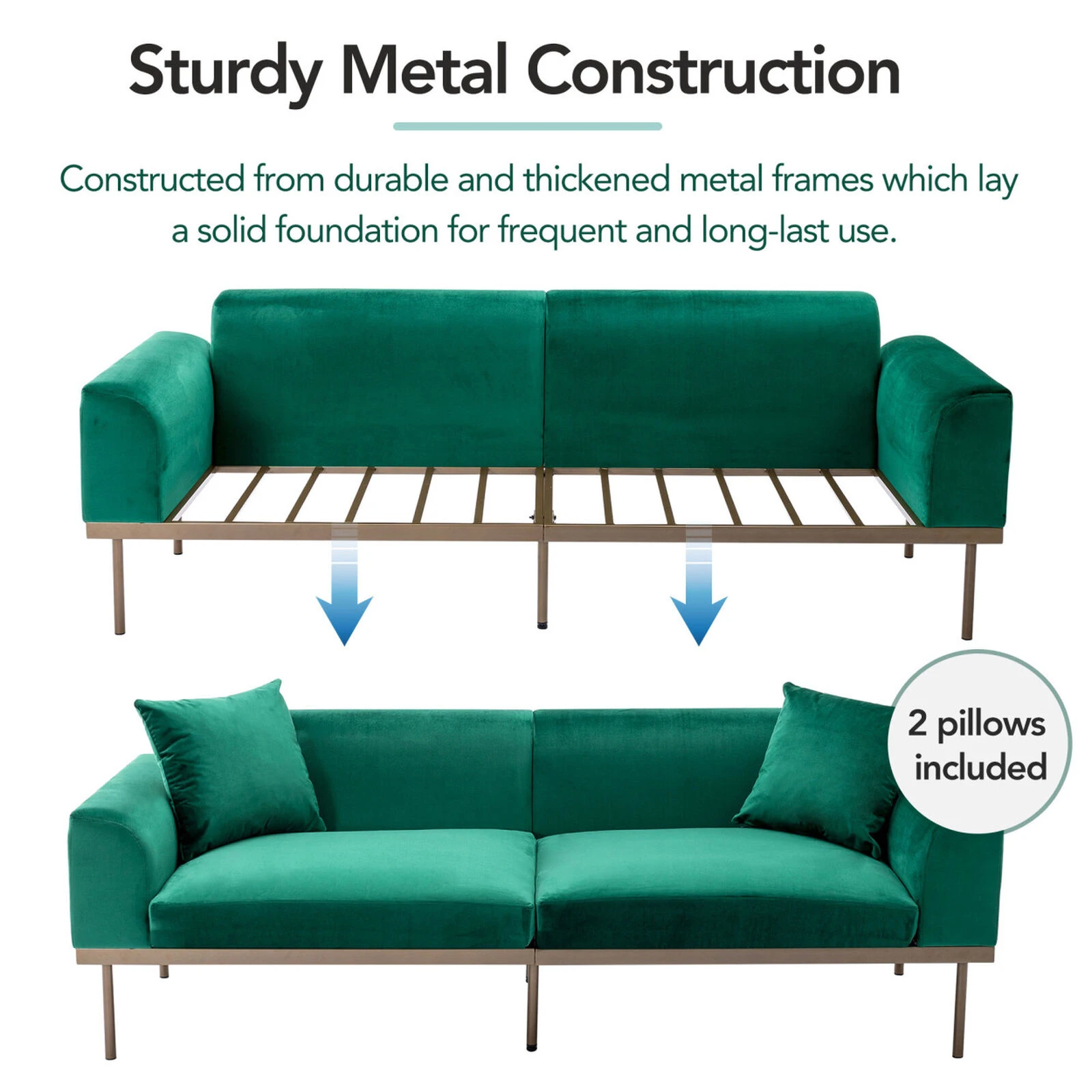 Modern Velvet Sofa With Metal Legs, Loveseat Sofa Couch With Two Pillows For Living Room And Bedroom, Green 8 Modern Velvet Sofa With Metal Legs, Loveseat Sofa Couch With Two Pillows For Living Room And Bedroom, Green - Image 6