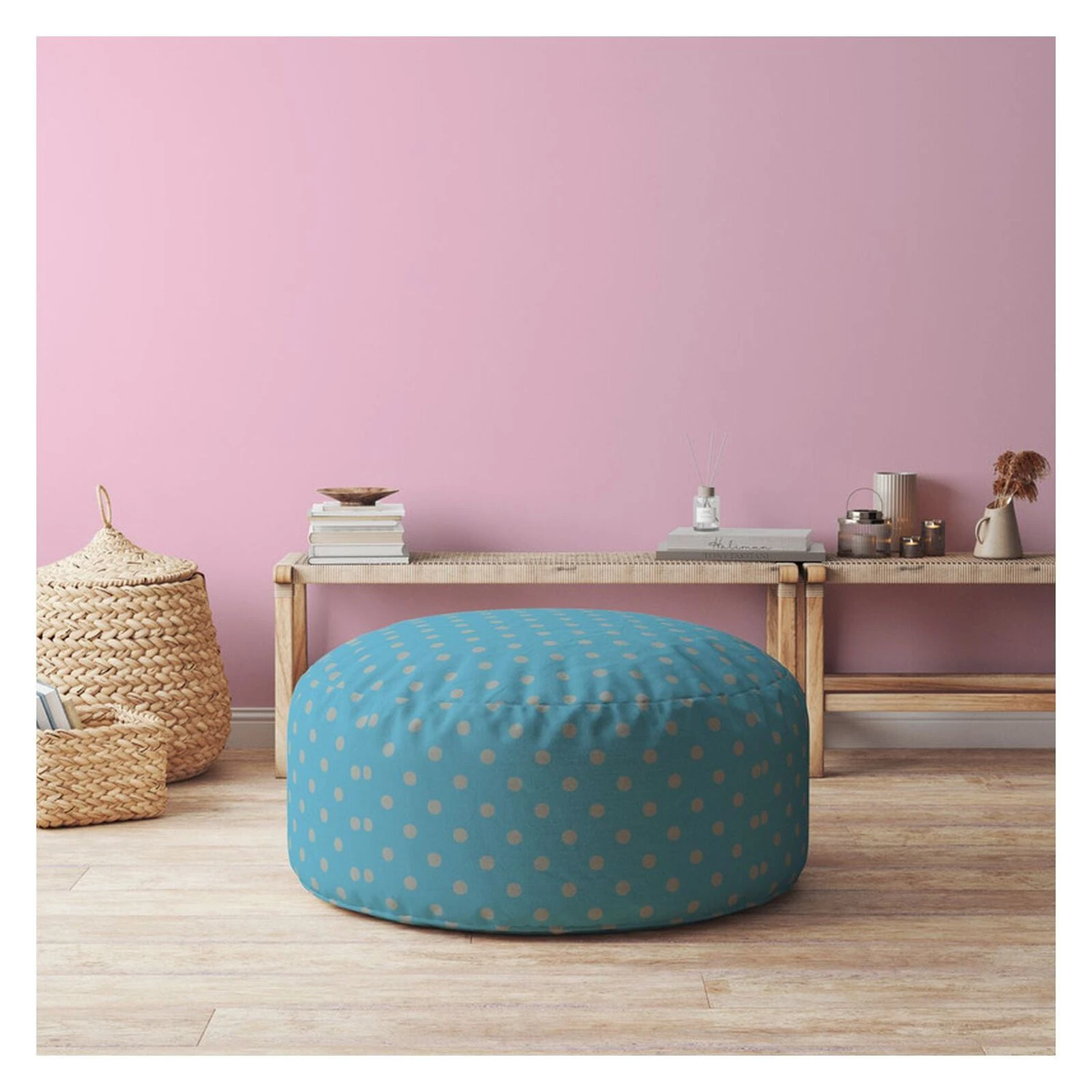 Homezia 24" Blue And Grey Round Polka Dots Ottoman 4 Homezia 24" Blue And Grey Round Polka Dots Ottoman - Image 2