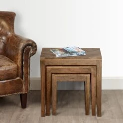 20, 17, 14 Inch 3 Piece Mango Wood Rectangular Nesting Table Set With Inlaid Herringbone Design, Natural Brown-Benzara -Olsberg shop aab08c2e8e864aa6a8e062888a87f1ae