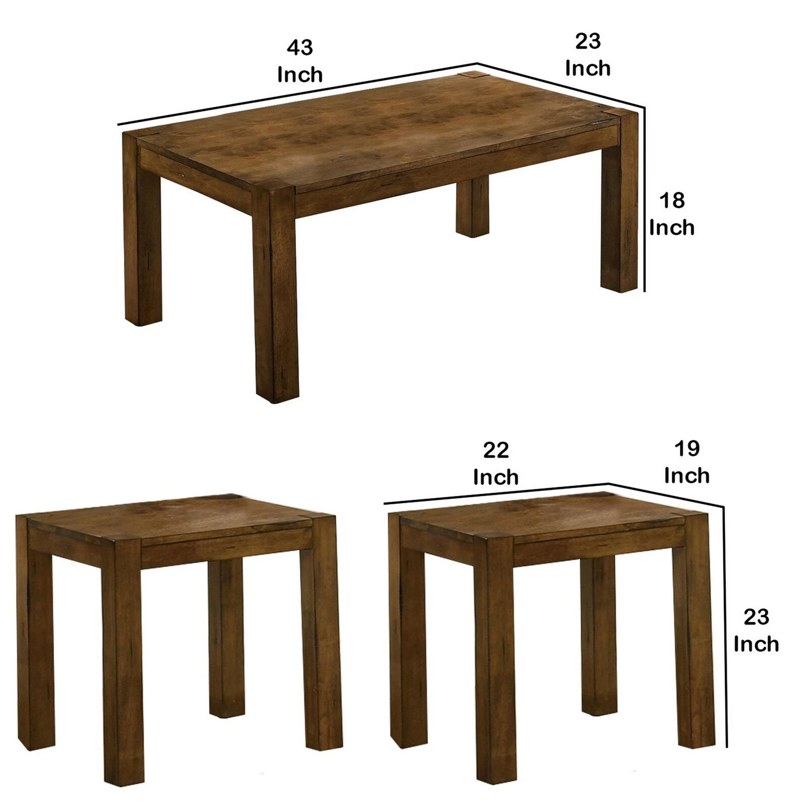 3 Piece Wooden Coffee Table And End Table With Block Legs, Brown-Benzara 6 3 Piece Wooden Coffee Table And End Table With Block Legs, Brown-Benzara - Image 4