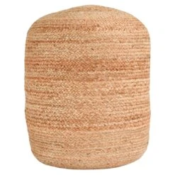 18 Inch Round Accent Pouf, Soft Braided Jute Design, Natural Cream Orange-Benzara