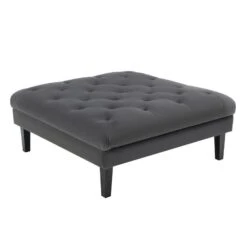 Aki 44 Inch Modern Wood Ottoman, Deep Button Tufted, Gray Velvet Fabric-Benzara