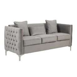 Joel 73 Inch Modern Sofa With 3 Pillows, Tufted Gray Velvet, Silver Legs-Benzara