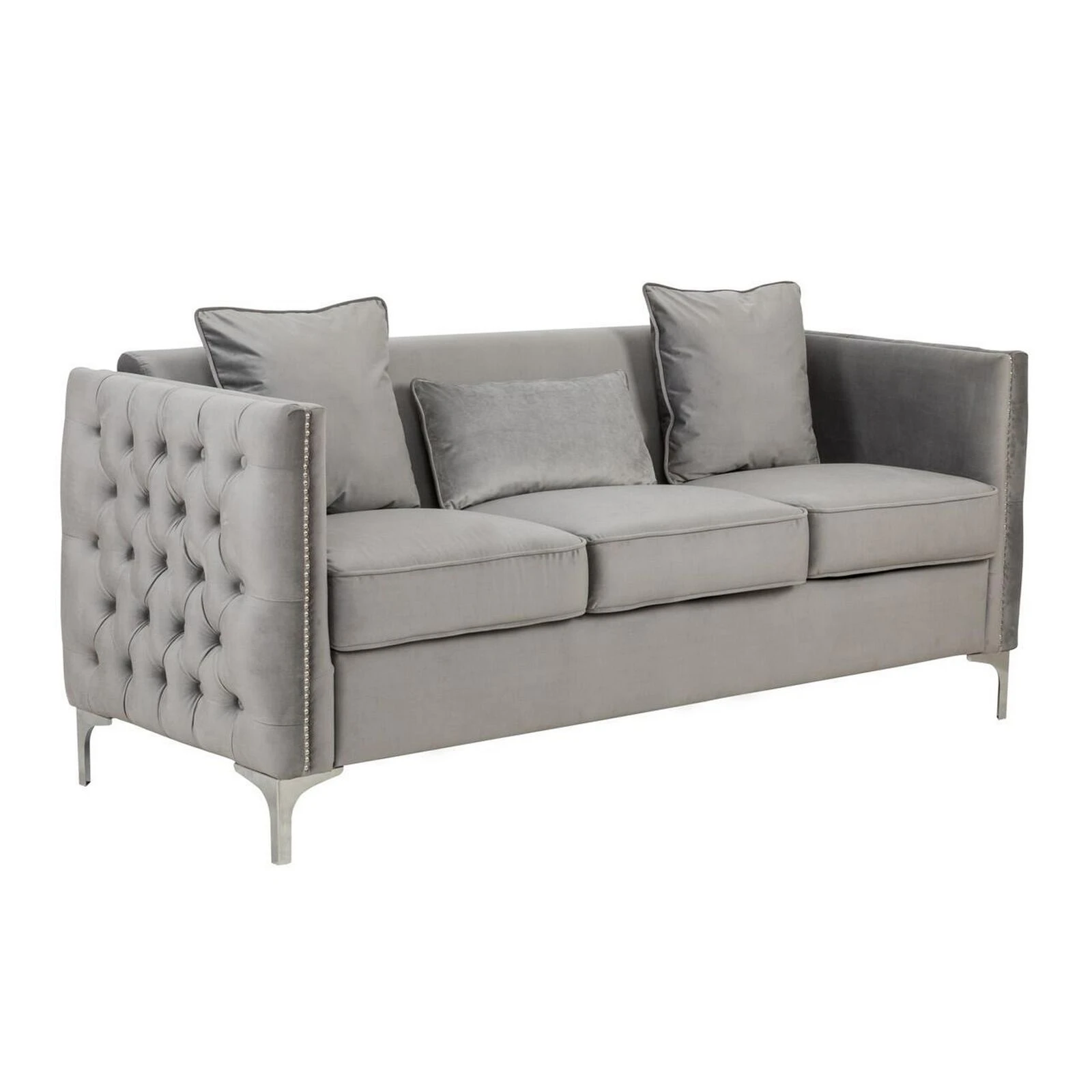 Joel 73 Inch Modern Sofa With 3 Pillows, Tufted Gray Velvet, Silver Legs-Benzara 3 Joel 73 Inch Modern Sofa With 3 Pillows, Tufted Gray Velvet, Silver Legs-Benzara