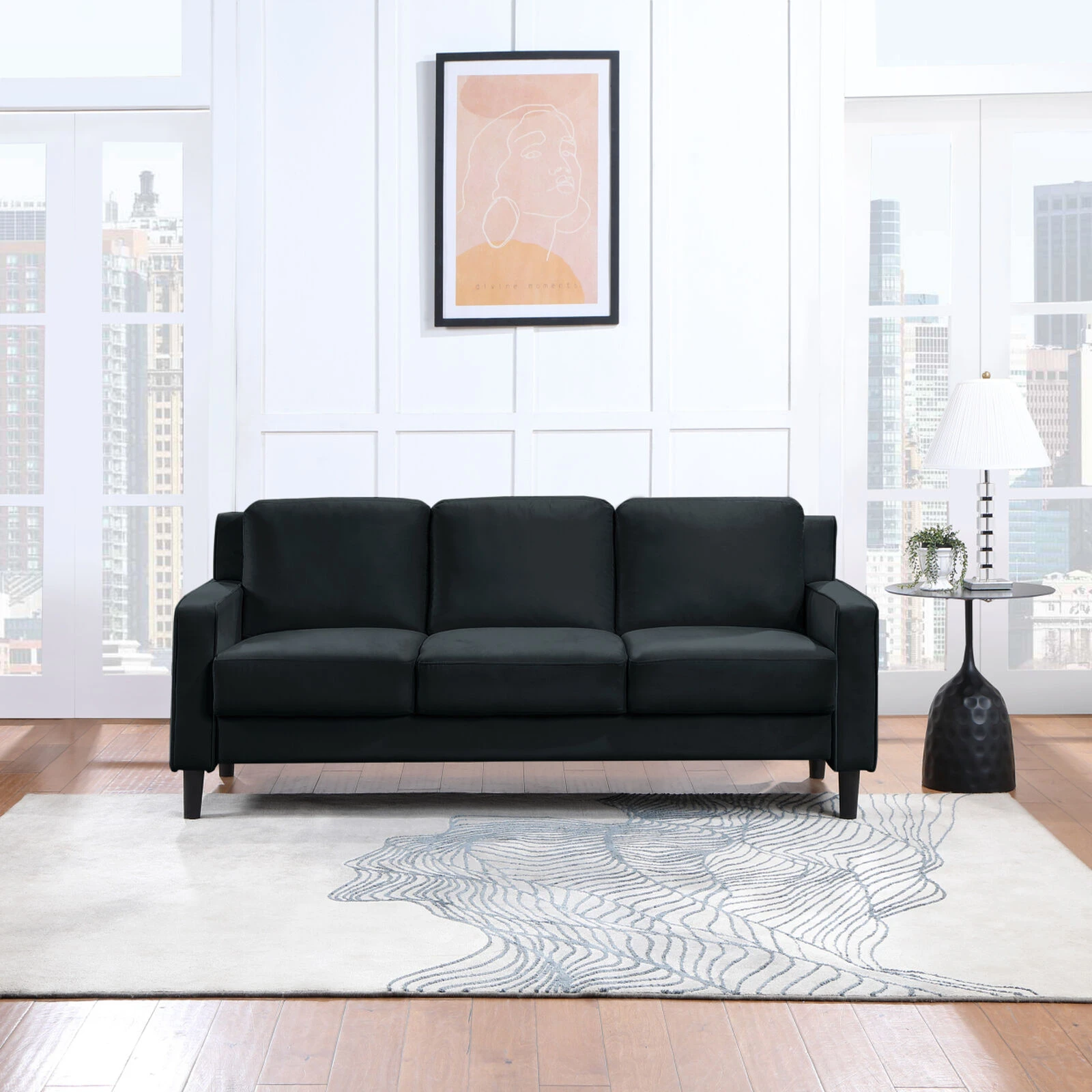 77.16" Sofa Couch For Living Room Black Velvet 8 77.16" Sofa Couch For Living Room Black Velvet - Image 6