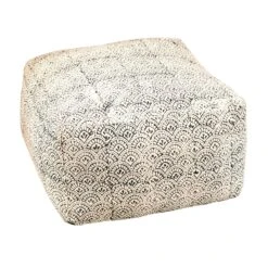 24 Inch Floor Pouf Ottoman, Ink Block Pattern, Fabric, Cream, Black-Benzara