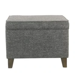 Rectangular Fabric Upholstered Wooden Ottoman With Lift Top Storage, Gray-Benzara