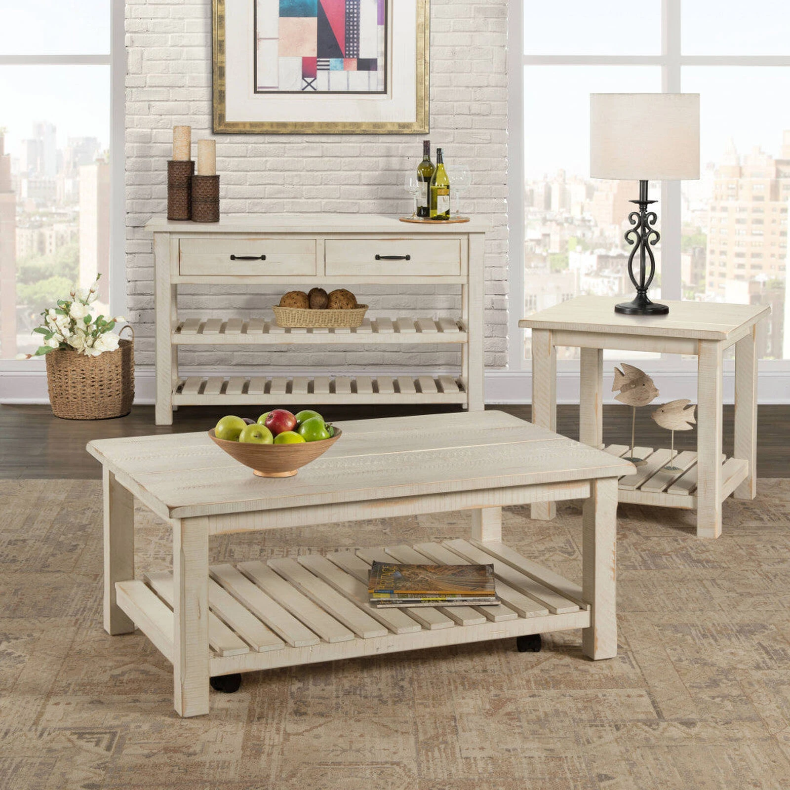 Homezia 24" Rustic White Solid Wood Square End Table With Shelf 4 Homezia 24" Rustic White Solid Wood Square End Table With Shelf - Image 2