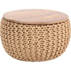 20" Beige Knitted Round Pouf Ottoman With Mango Wood Top