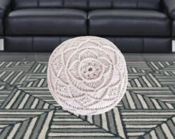 Homezia 18" White Cotton Blend Round Pouf Floral Ottoman -Olsberg shop b0ea936f69254624a9995c136802d578