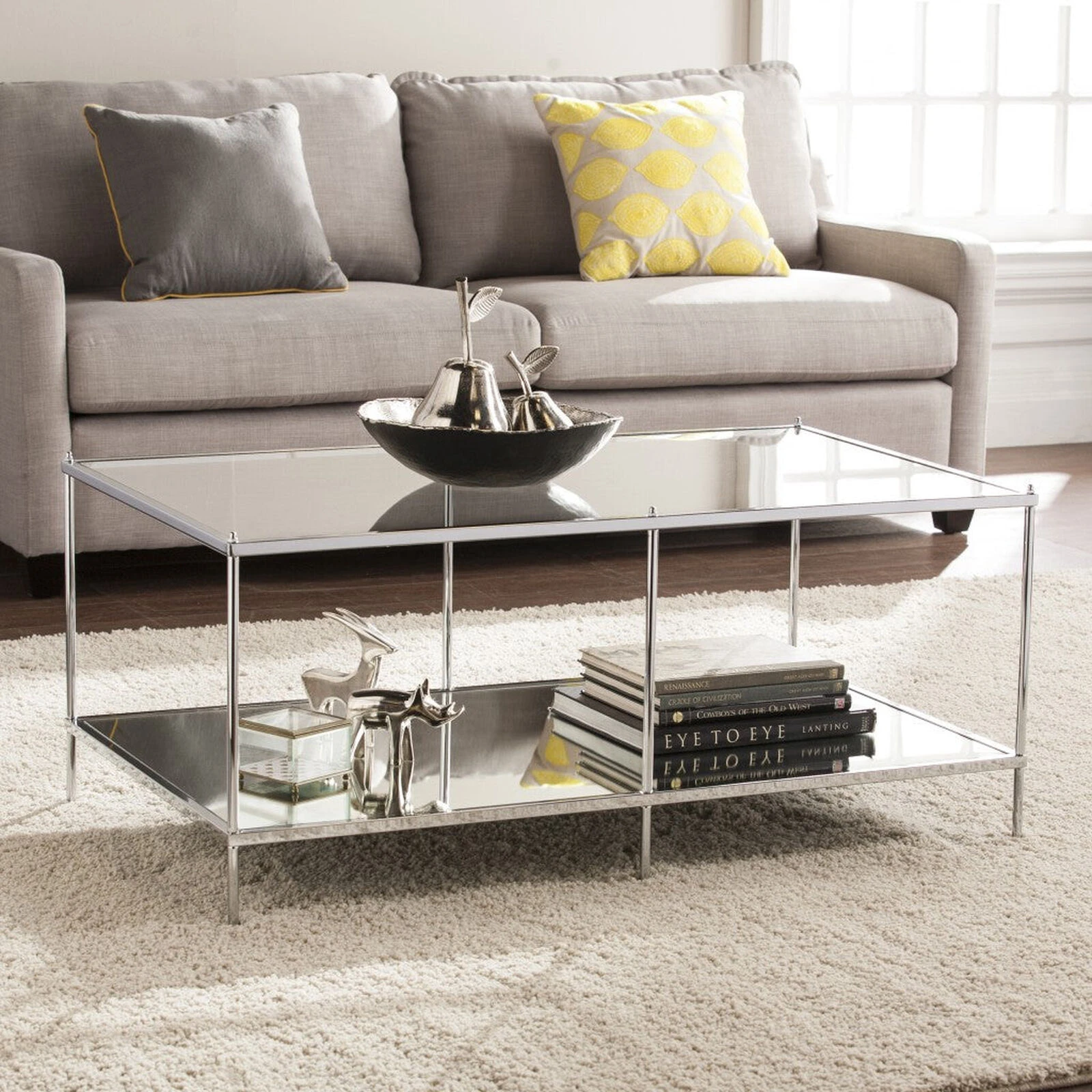 Homezia 42" Chrome Glass And Metal Rectangular Mirrored Coffee Table 4 Homezia 42" Chrome Glass And Metal Rectangular Mirrored Coffee Table - Image 2