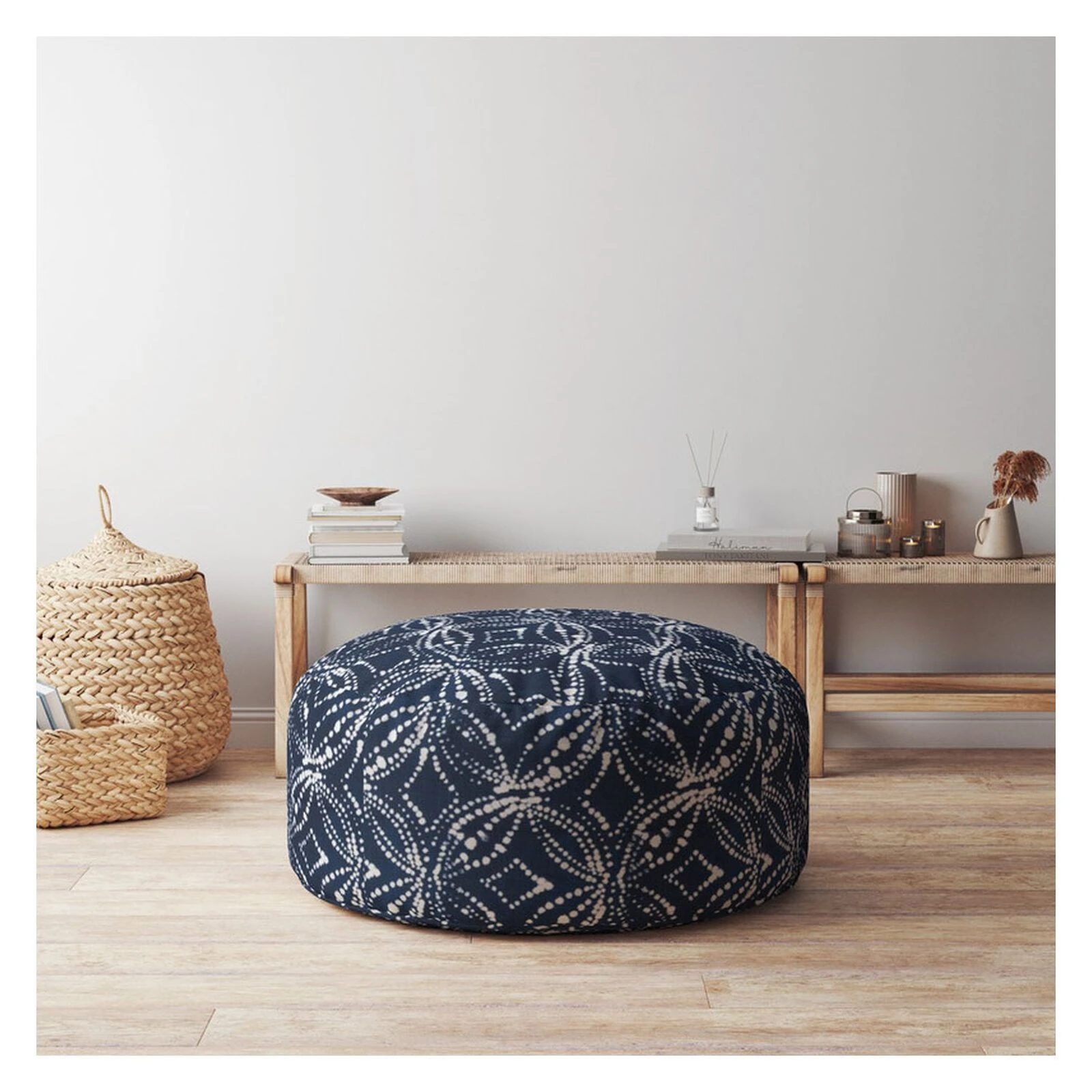Homezia 24" Blue And White Canvas Round Damask Pouf Ottoman 4 Homezia 24" Blue And White Canvas Round Damask Pouf Ottoman - Image 2