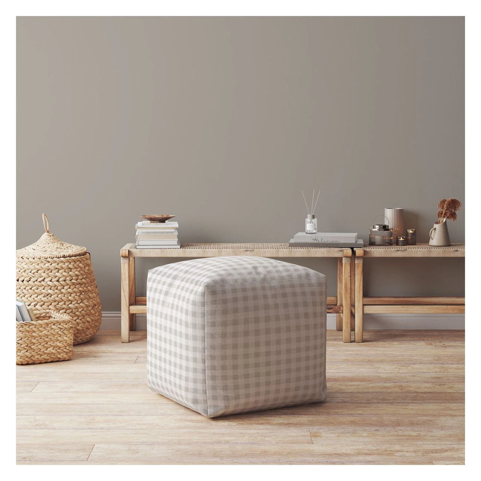 Homezia 17" Grey Cotton Gingham Pouf Ottoman 4 Homezia 17" Grey Cotton Gingham Pouf Ottoman - Image 2
