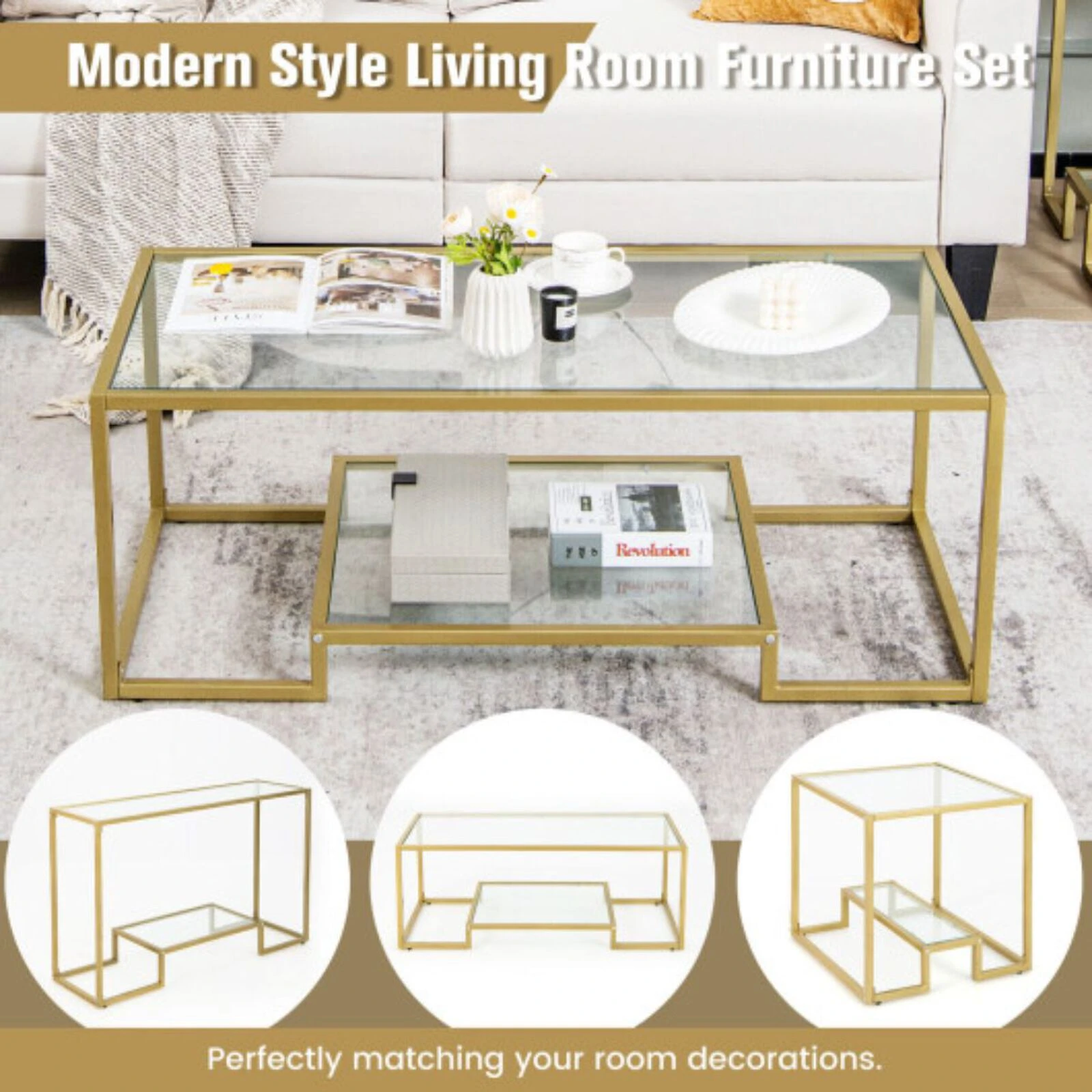 Modern 2-Tier Rectangular Coffee Table With Glass Table Top-Golden 4 Modern 2-Tier Rectangular Coffee Table With Glass Table Top-Golden - Image 2
