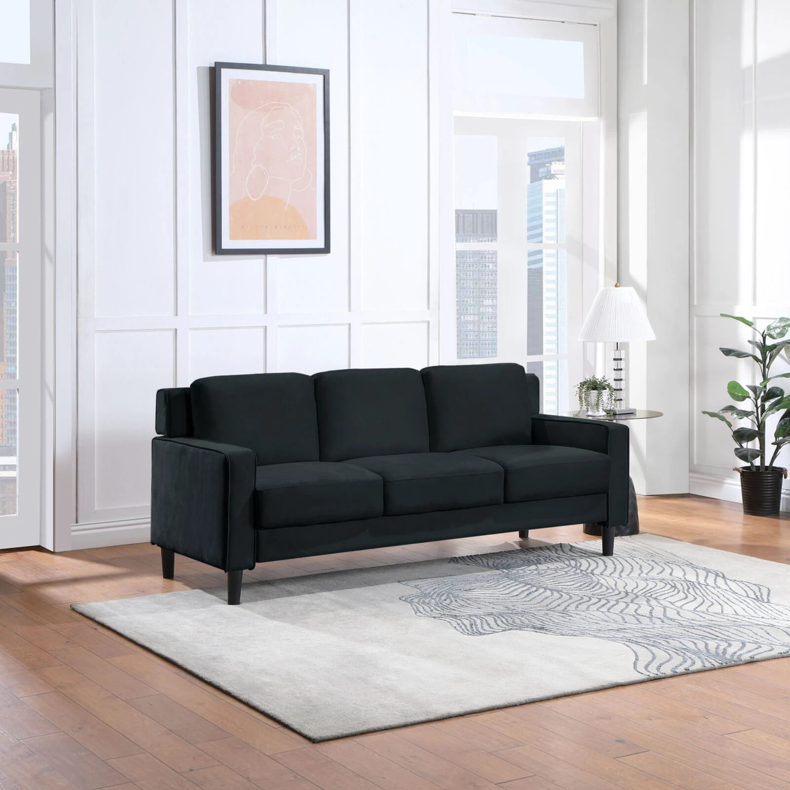 77.16" Sofa Couch For Living Room Black Velvet 4 77.16" Sofa Couch For Living Room Black Velvet - Image 2
