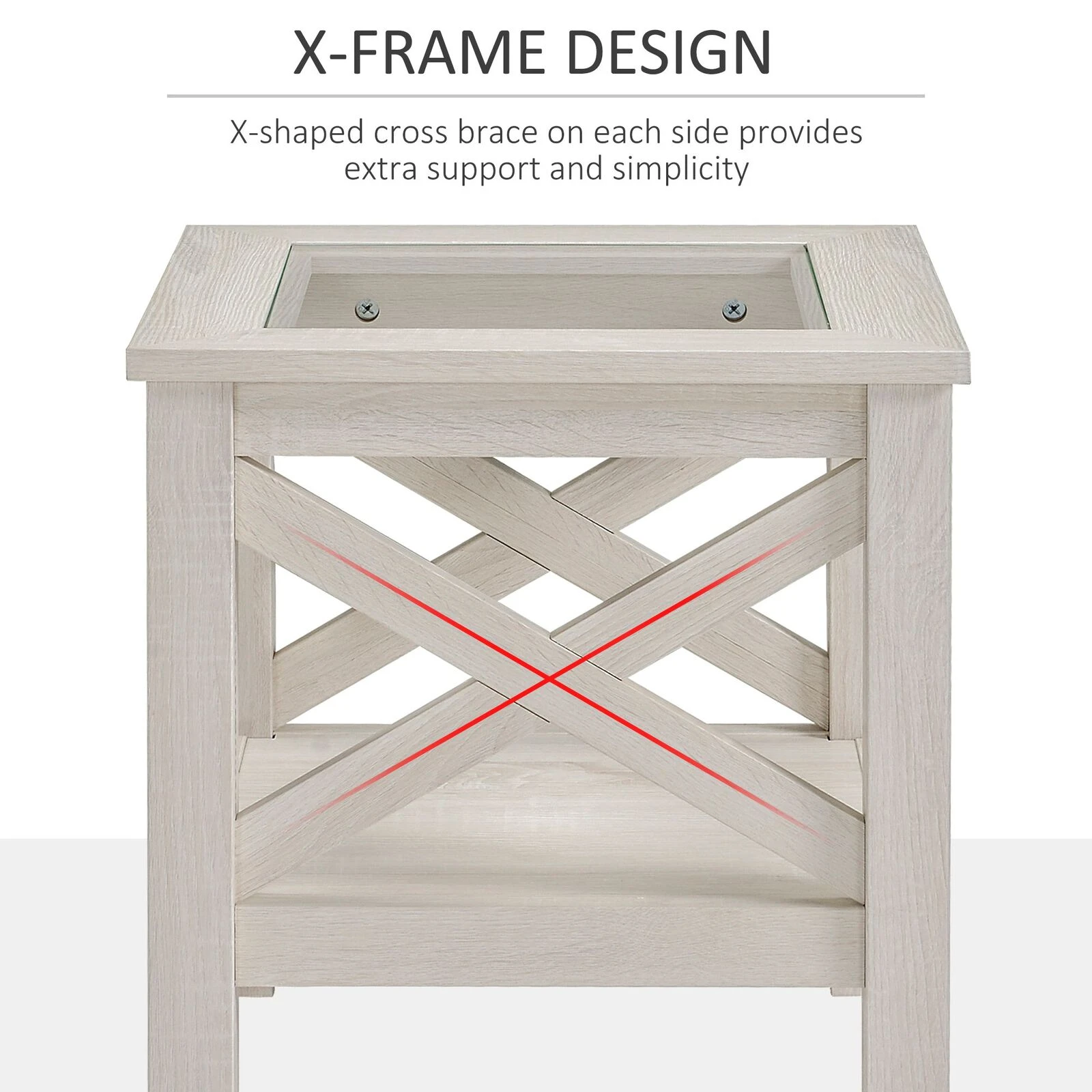 Farmhouse End Table, Sofa Side Table With Tempered Glass Top, Coffee Table With Underneath Storage Shelf For Living Room, Bedroom, White Oak 6 Farmhouse End Table, Sofa Side Table With Tempered Glass Top, Coffee Table With Underneath Storage Shelf For Living Room, Bedroom, White Oak - Image 4