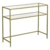 Kin 39 Inch Sofa Console Table, Metal Frame, Tempered Glass Shelves, Gold-Benzara -Olsberg shop b655c6ba42314ff99ed2d02a0b9a3ec6