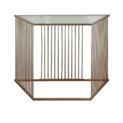 Metal And Glass Sofa Table With Vertical Slat Design, Gold-Benzara