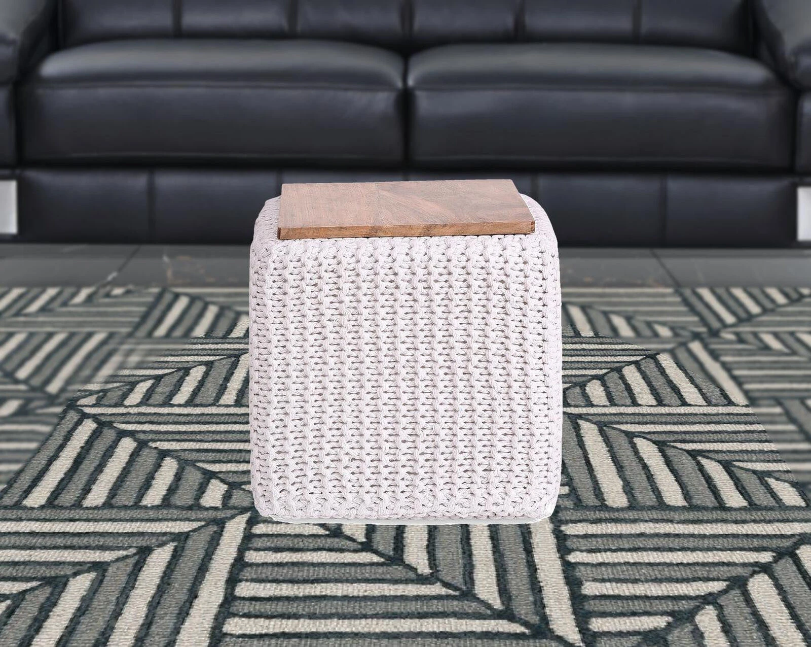 Homezia 16" White Cotton Blend Pouf Cube Ottoman 4 Homezia 16" White Cotton Blend Pouf Cube Ottoman - Image 2
