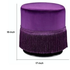 Fabric Upholstered Round Ottoman With Fringes And Metal Base, Purple- Benzara -Olsberg shop b8d3cb520d254b9f81bd9a936a15787e