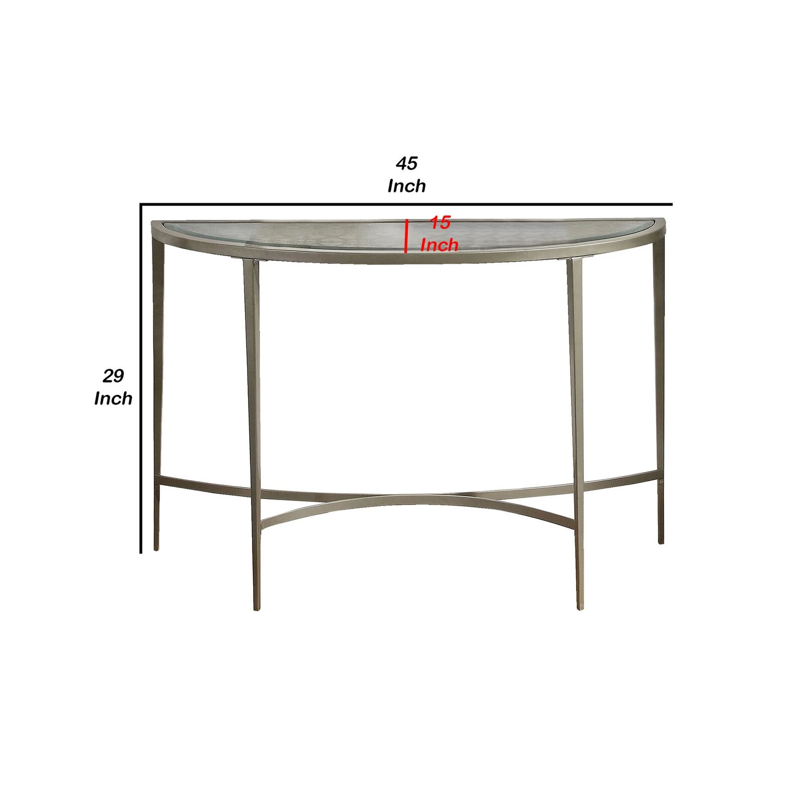 Semicircular Glass Top Sofa Table With Sleek Tapered Legs, Silver-Benzara 7 Semicircular Glass Top Sofa Table With Sleek Tapered Legs, Silver-Benzara - Image 5