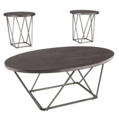 Elm Wood Table Set With Bridge Truss Metal Base, Set Of Three, Brown And Gray-Benzara