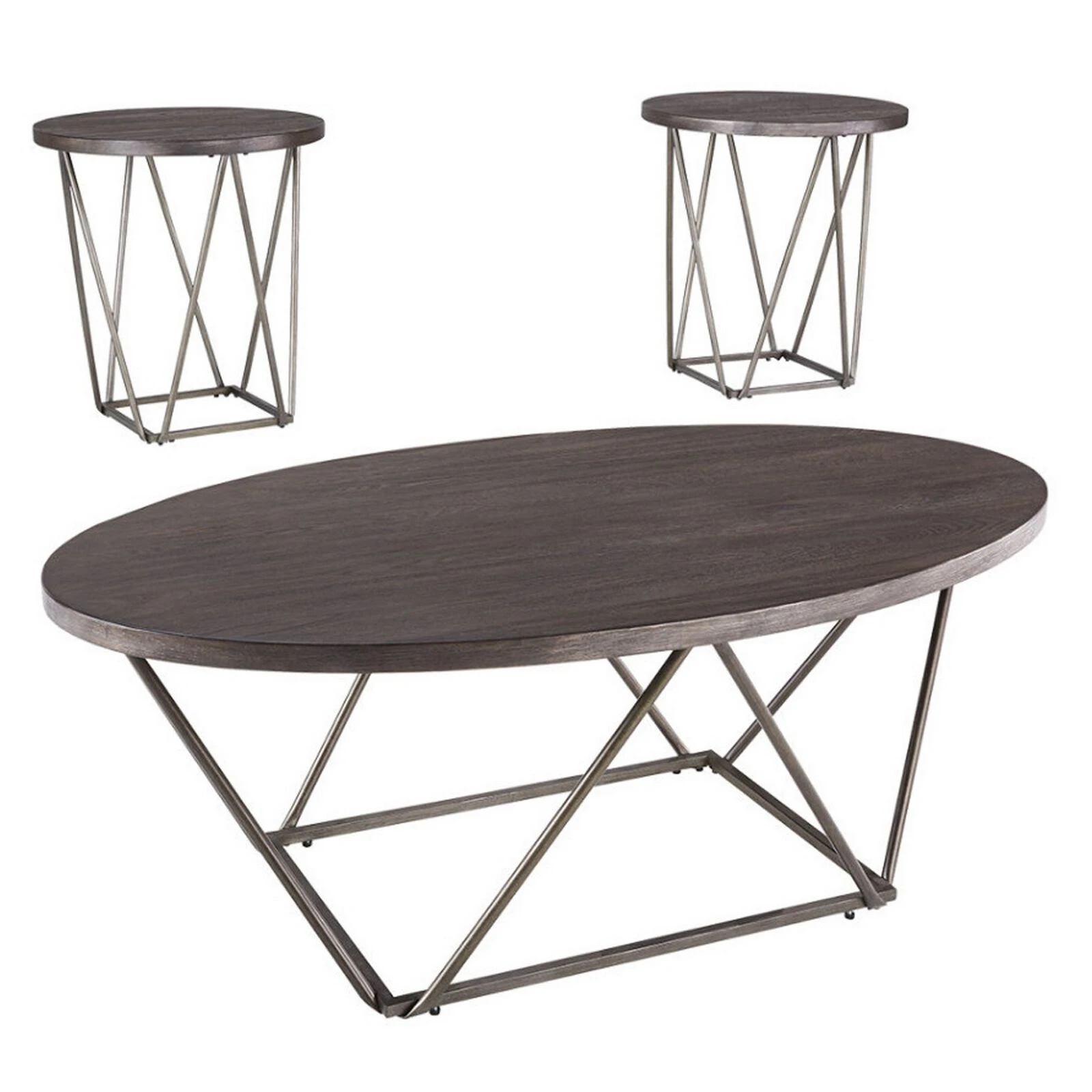 Elm Wood Table Set With Bridge Truss Metal Base, Set Of Three, Brown And Gray-Benzara 3 Elm Wood Table Set With Bridge Truss Metal Base, Set Of Three, Brown And Gray-Benzara