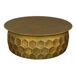 Jed 32 Inch Handcrafted Industrial Hammered Brass Round Coffee Table, Aluminum, Antique Brass-Benzara