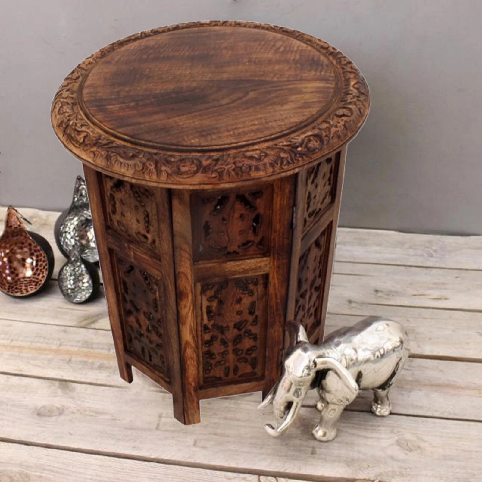 18 Inch Mango Wood Folding Accent Table, Hand Carved, Walnut Brown-Benzara 4 18 Inch Mango Wood Folding Accent Table, Hand Carved, Walnut Brown-Benzara - Image 2