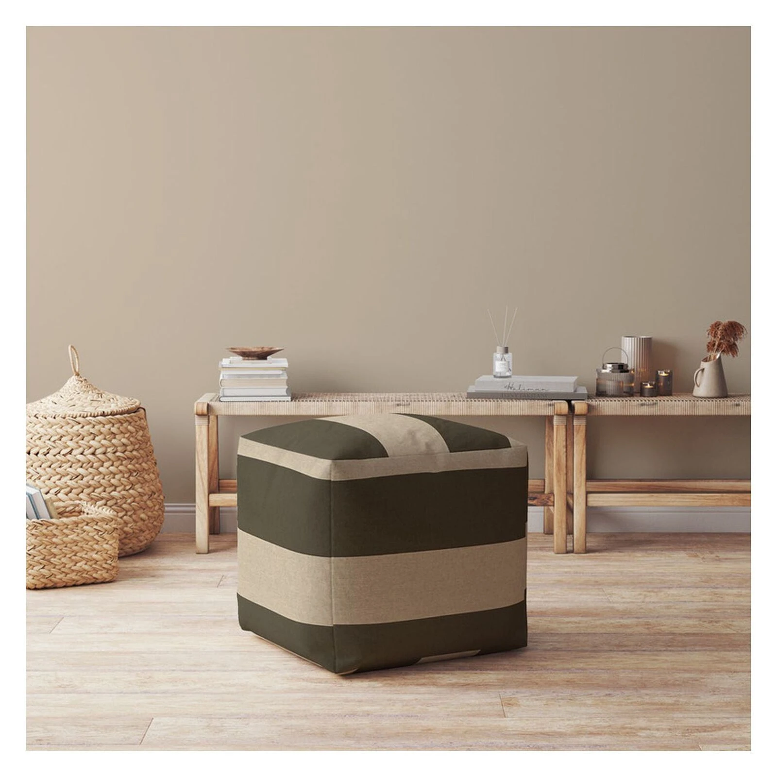 Homezia 17" Green And Beige Cotton Striped Pouf Ottoman 4 Homezia 17" Green And Beige Cotton Striped Pouf Ottoman - Image 2